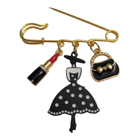 Jewelry - Safety Pin Brooch with Dangling Charms